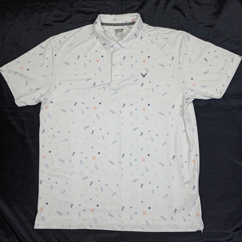 Callaway Opti-Dri Mens XL Golf Polo White AOP Novelty Print Glasses Gloves Tees